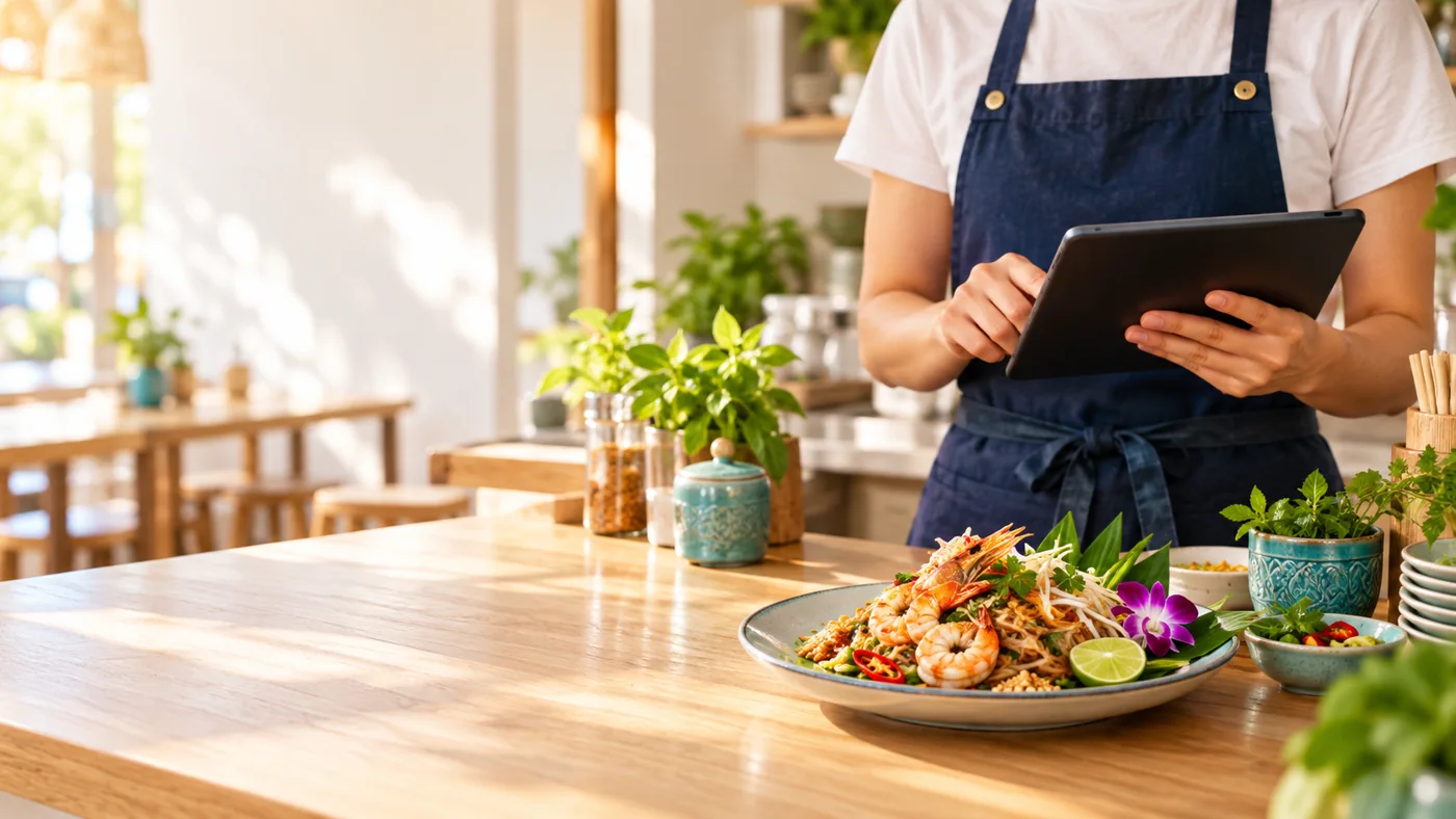 บรรยากาศร้านอาหารไทยสมัยใหม่ เจ้าของใช้แท็บเล็ตดูแลร้าน ภาพตกแต่งสร้างด้วย AI